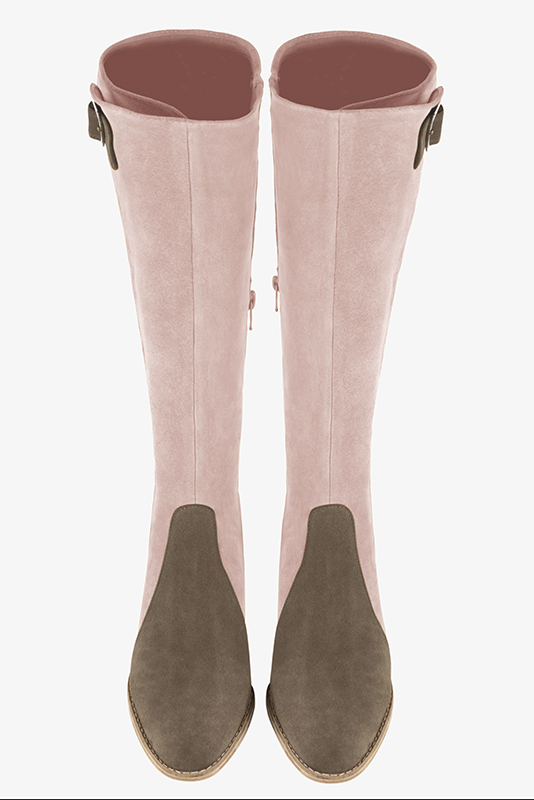 Taupe brown and powder pink women's knee-high boots with buckles. Round toe. Low leather soles. Made to measure. Top view - Florence KOOIJMAN